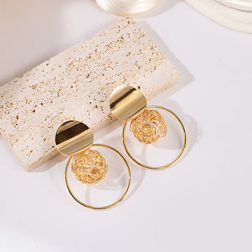 Gold Disc Open Hoop and Wire Nest Ball Drop Earrings