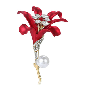 Red Enamel Lily Brooch Crystal Stamens Pearl Stem Accent