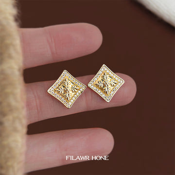 Gold Tone Clear Stone Square Frame Engraved Floral Stud Earrings