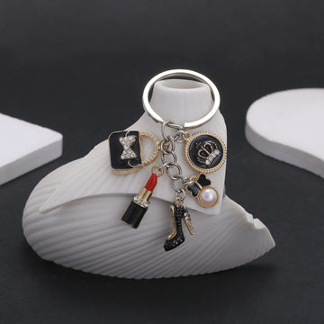 Black Handbag Crown Lipstick Heel and Pearl-Look Keychain