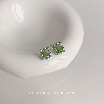 Silver Rectangular Green Crystal Stud Earrings Hammered Frame