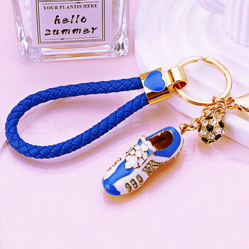 Jeweled Soccer Boot and Ball Keychain with a Blue Braided Loop
