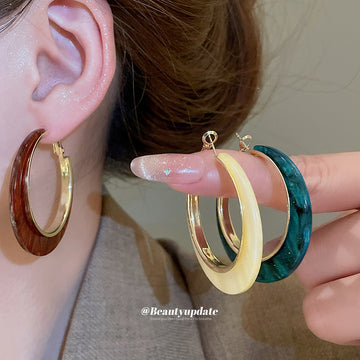 Gold Tone Open Hoop Earrings in White and Teal Jewelry