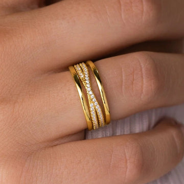 Triple-Rail Clear Stone Wide Ring In Gold And Silver Tones