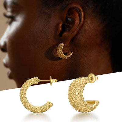 Gold beaded mini C-hoops worn on ear with pair product shot below