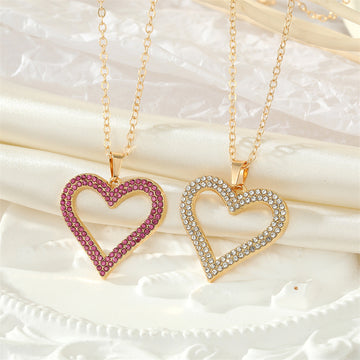 Gold Tone Bright Red Crystal Open Heart Pendant Necklace