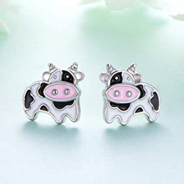 Silver Enamel Spotted Cow Stud Earrings Alloy Pair