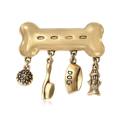 Front view of the bone brooch with dangling pet theme charms decorative clothing pin on a white background