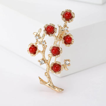 Gold Tone Branch Brooch With Five Red Bead Blossoms