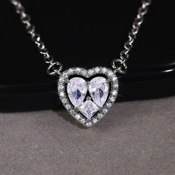 Silver Tone Double Heart Clear Stone Halo Pendant Necklace