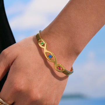 Colorful Enamel Evil Eye Open Ring And Steel Bangle