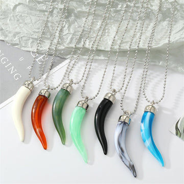 Silver Tone Resin Horn Pendant Necklaces in Seven Colors