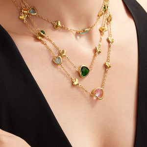 Heart Glass Stone Station Necklace Stainless Steel Color Mix