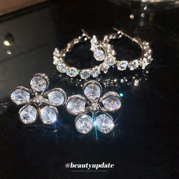 Crystal Flower Studs and Stone Set Hoop Earrings with Metal Settings