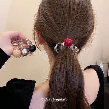 Clear Spiral Coil Hair Ties With Large Silver Or Tan Round Bead Ends