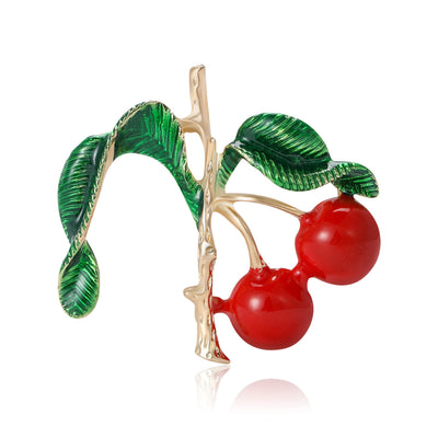 Red Cherry and Green Leaf Enamel Brooch isolated front view
