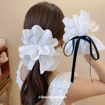 White Eyelet Fabric Flower Hair Claws Pearl Black Bow