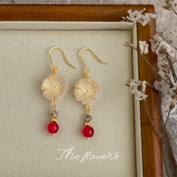 Gold Hook Cream Chrysanthemum Glass Red Bead Earrings