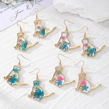 Gold Cat Silhouette Dried Flower Resin Dangle Earrings 4 Styles