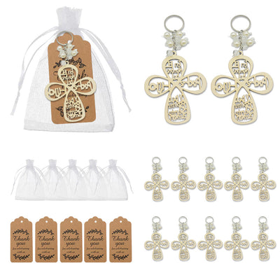 Angel keychains displayed individually and with white drawstring bags and brown thank-you tags.
