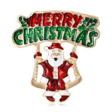 Enamel Santa Merry Christmas Banner Brooch Gold Tone