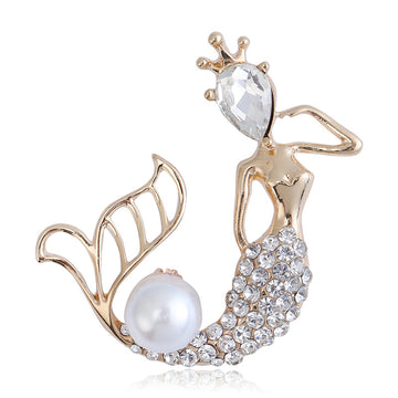 Rhinestone Mermaid Brooch Crown Pearl Tail Gold or Silver