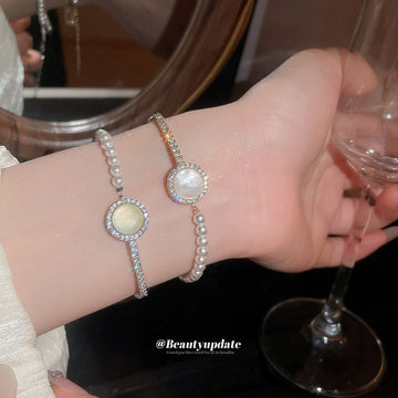 Pearl Bracelets Round Shell Cabochon Pave Bar Gold Silver