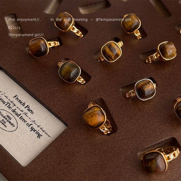 Gold Tone Brown Banded Square Stone Adjustable Open Ring