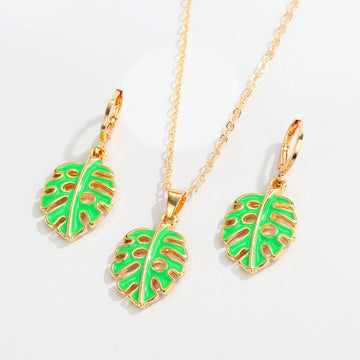 Gold Tone Green Monstera Leaf Necklace and Huggie Earring Options