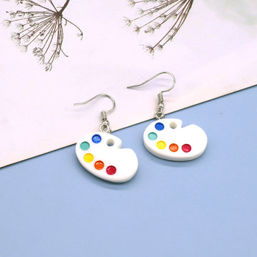 Silver Tone White Artist Paint Palette Hook Drop Earrings