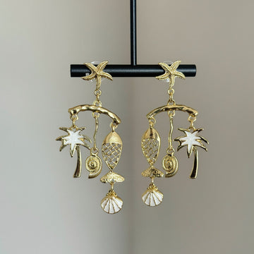 Tropical Starfish Palm Tree and Shell Dangle Earrings