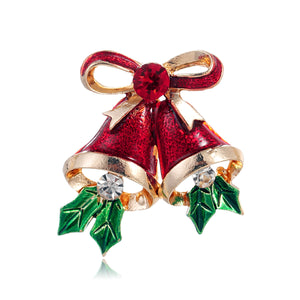 Christmas Bell Brooch Pin with Red Enamel, Holly Leaves and Gold-Tone Zinc Alloy