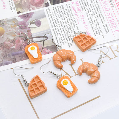 Main product view of croissant Waffle and Egg Toast Novelty Hook Earrings