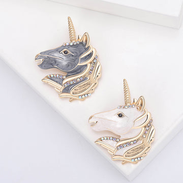 Jeweled Unicorn Head Brooch in Gray and White Jacket and Scarf Accessory