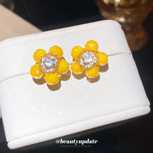 Yellow Round Bead Flower And Crystal Center Stud Earrings
