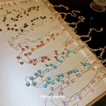 Gold Multi Layer Round Crystal Station Necklace Six Colors