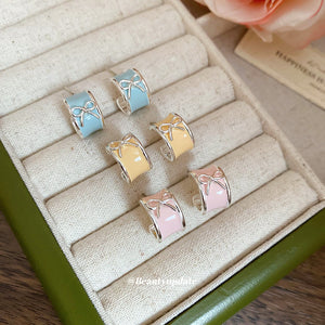 Pastel Enamel Bow C Hoop Earrings with Reflective Details