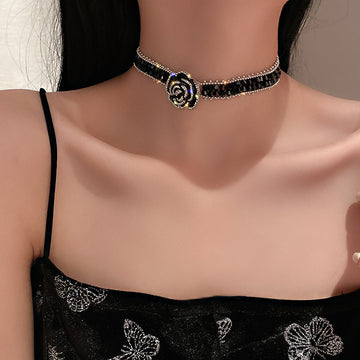Black Crystal Rhinestone Rose Flower Choker Necklace Silver