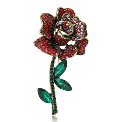 Long Stem Crystal Rose Brooch in Four Colors displayed from the front