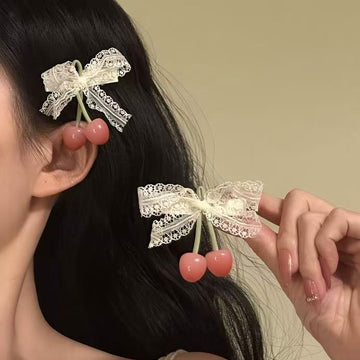 Pink Cherry White Lace Bow Duckbill Hair Clip Single