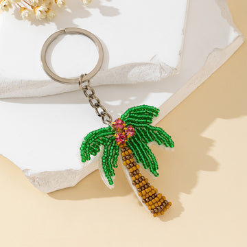Beaded Coconut Palm Tree Keychain With Rhinestone Cluster