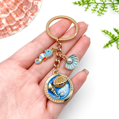 Image 1 showing a hand holding a keychain with an image of a bird.