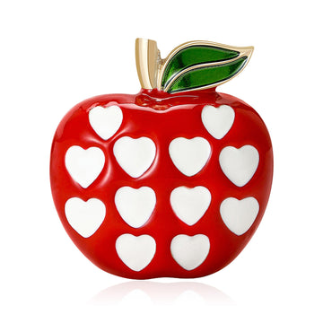 Red Apple Brooch With White Heart Spots and Green Leaf