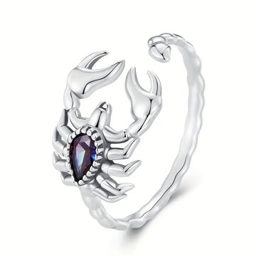 Open Adjustable Scorpion Ring Dark Teardrop Stone Silver Tone