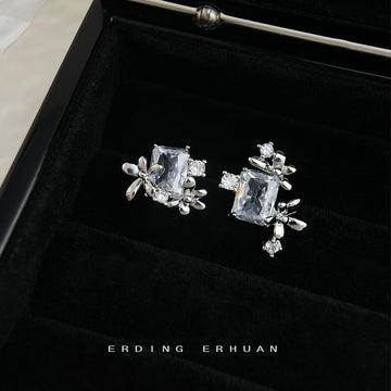 Silver-Tone Asymmetric Rectangle CZ Floral Cluster Stud Earrings