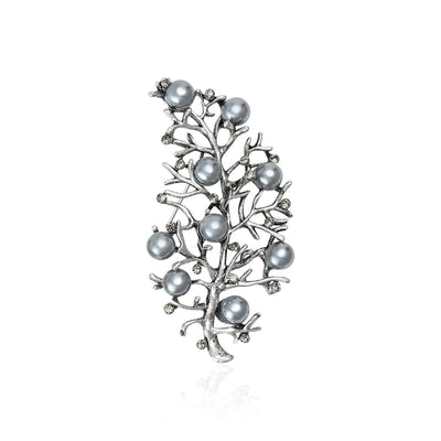 Openwork Leaf Branch Brooch with Faux Pearl Accents front view on a light background