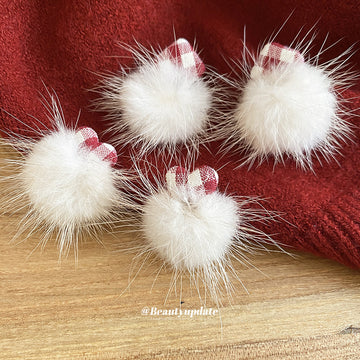 Red Fabric Stud Earrings With White Pom Pom Drops For Distinctive Statement Styling