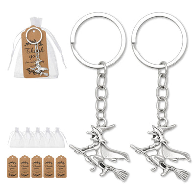 Silver witch broom keychains with organza bags and kraft tags