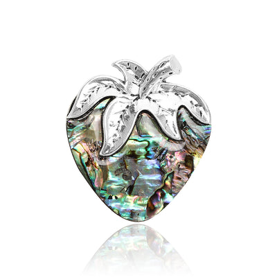 Product display showing a strawberry silhouette inset with an iridescent shell-like panel