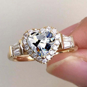Gold Heart Halo CZ Finger Ring Baguette Shoulders Sizes 6-10